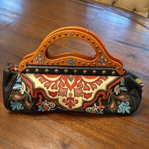 Isabella Fiore Black and Brown Embroidered Clutch